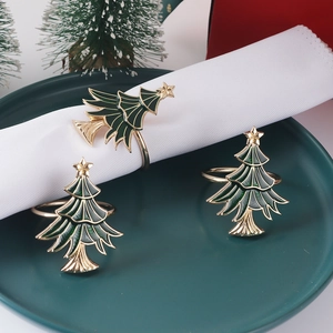 Christmas Tree Napkin Rings Zinc Alloy Gold Plated Green Enamel Rhinestone Holiday Table Decoration Festive Buckles