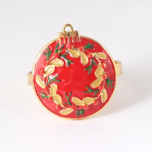 Rond de serviette de Noël en émail rouge avec décoration de feuilles de gui