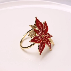 Rond de serviette de Noël en forme de poinsettia rouge avec anneau en métal doré chic
