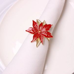 Ronds De Serviette Poinsettia Fleur De Noël Alliage Émail Rouge Boucles En Métal Doré Pour Décoration De Table