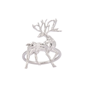 Silver geometric reindeer napkin ring in zinc alloy with a modern faceted metal design