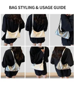 Model lifestyle shots of vintage crescent hobo bags in white and silver faux leather
