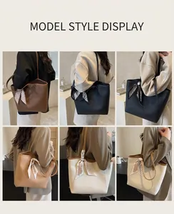 Three colors of faux leather tote bags with decorative scarves shown on a model