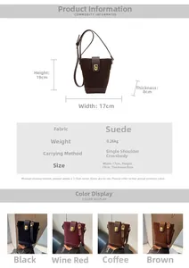 Detailed size chart for the minimalist suede bucket bag showing 17x19x8 cm dimensions