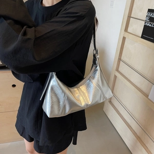 Silver vintage oil wax leather crescent shoulder bag with stitch detail for women