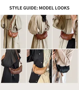 Detail view of stylish dumpling crossbody bag in brown, beige and black PU leather