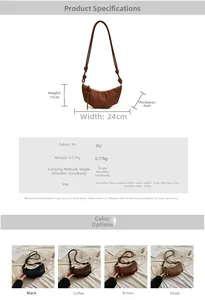 Detailed size chart and multi-color comparison of stylish pleated crescent moon bags