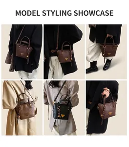 Multiple views of a vintage faux leather tote bag with tassel charm and metal logo