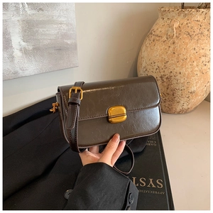 Detail of dark brown vintage shoulder bag with golden square buckle and leather texture