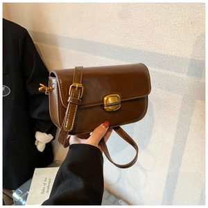 Detail of vintage dark brown crossbody bag featuring a golden rectangular clasp lock