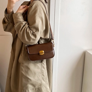 Retro dark brown leather shoulder bag with gold square buckle and adjustable strap