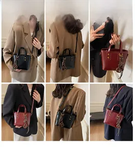 Multiple views of a minimalist bucket bag with woven tassel on a model in neutral tones