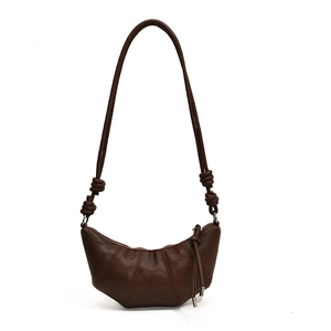 Retro dark brown crescent shoulder bag with pleated leather detail and knotted strap