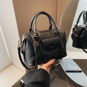 Retro black leather boston bag with lychee texture and gold hardware for women