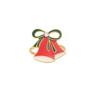 Christmas napkin ring with red bells and green bow on polished gold-plated band