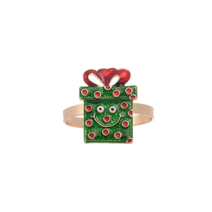 Christmas gift box ring with red bow and green enamel finish on golden band