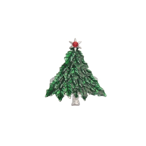 Green enamel Christmas tree napkin ring with red rhinestone and silver metal finish