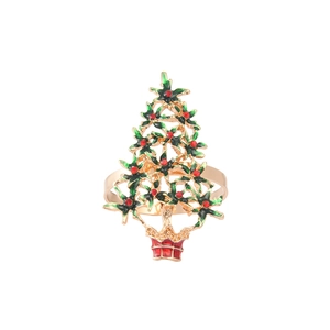 Serviettenring als goldener Weihnachtsbaum mit grünem Emaille und roten Strasssteinen