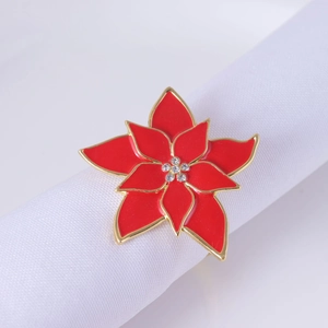 Elegant red poinsettia flower napkin ring with gold edges and crystals for table decor