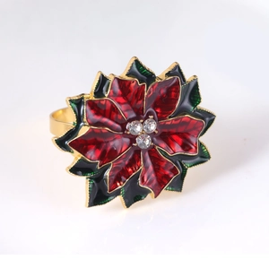 Christmas poinsettia napkin ring with red and black enamel and sparkling crystals