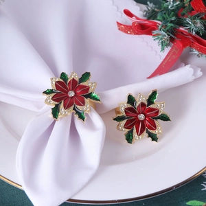Lot de 2 ronds de serviette de Noël poinsettia en émail rouge avec strass brillants