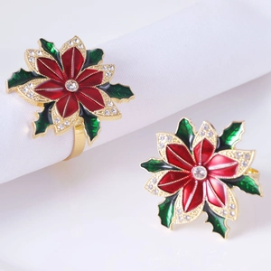 Lot de Ronds de Serviette de Noël en Alliage Fleurs de Poinsettia Strass Émail Boucles de Serviette Sapin de Noël pour Décor de Table