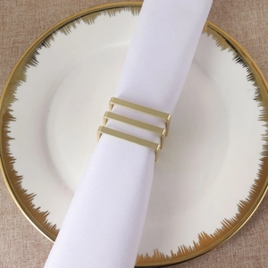 Modern square matte gold napkin rings set displayed on white fabric napkin in a fine china plate