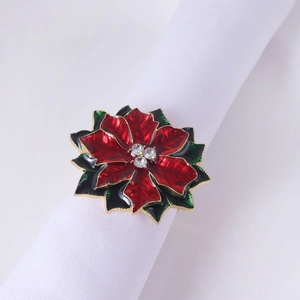 Christmas Poinsettia Napkin Ring with red enamel petals and gold plating for table decor