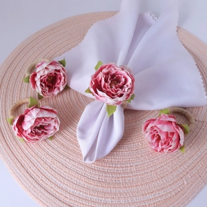 Artificial Rose Flower Napkin Ring Woven Straw Buckle With Dewdrop Petals For Wedding Party Dining Table Decoration