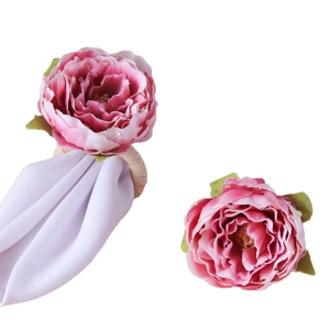 Pink peony artificial flower napkin rings with green leaves and realistic dew drops