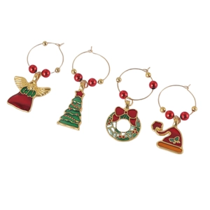 Set of 4 gold Christmas wine glass charms with angel tree and wreath enamel pendants