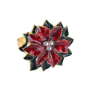 Christmas Poinsettia napkin ring with red enamel petals and crystals on gold metal band