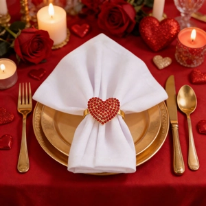 Romantic heart napkin ring with red rhinestones on gold metal for Valentine dinner decor