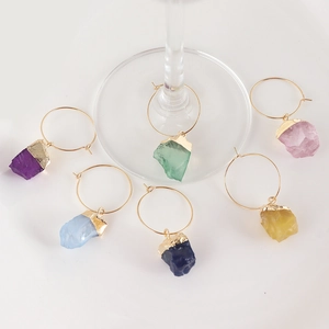 Wine Glass Charms Natural Crystal Irregular Stone Gold Metal Rings Identification Markers Party Tableware Accessories