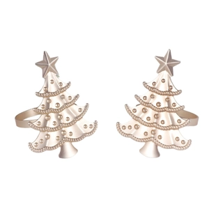Set of two matte gold Christmas tree napkin rings with star detail and embossed patterns
