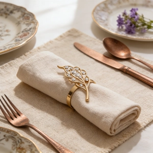 Close-up of golden hollow leaf napkin ring with rhinestones on beige linen napkin