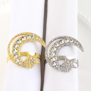Elegant gold and silver moon star napkin rings with crystals for luxury table decor