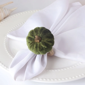 Green velvet pumpkin napkin ring with twine loop on white ceramic plate for table setting