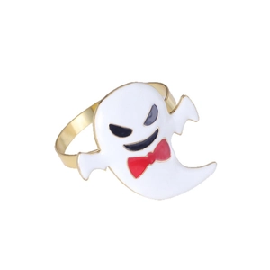 Halloween ghost napkin ring with white enamel, red bow and gold finish for party decor