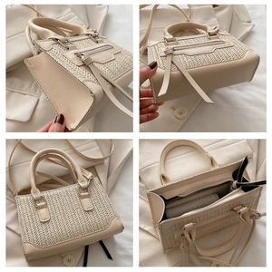 Vista detallada de múltiples ángulos del bolso tejido beige con textura y forro