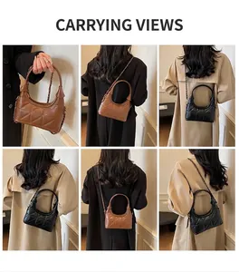Vues détaillées du sac à main en cuir matelassé avec bandoulière chaîne en noir et brun
