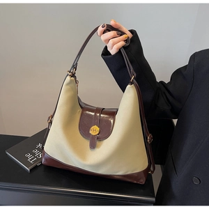 Détail d'un sac à main rétro bicolore en cuir marron brillant et boucle dorée N