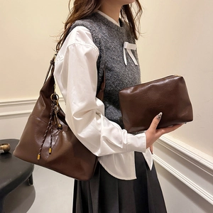 Large dark brown vintage PU leather tote bag set with matching inner pouch for women