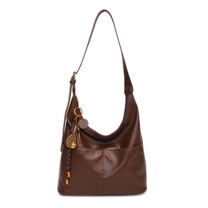 Large dark brown leather hobo tote bag with a tennis racket charm on white background