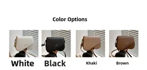 Detail view of four minimalist square flap bags in white, black, khaki, and brown colors