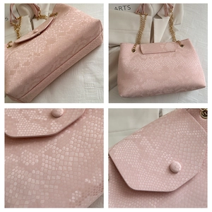 Pink snakeskin pattern tote bag with gold chain strap shown in various detail views