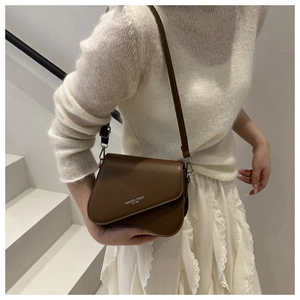Close-up of brown saddle bag with asymmetrical flap and silver fashion logo engraving