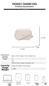 Size specifications of cream PU crossbody bag with 19.5cm width and capacity details
