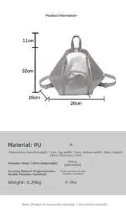 Detailed spec sheet of silver geometric PU backpack with dimensions and adjustable straps