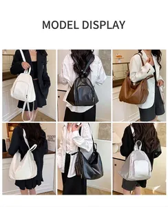 Versatile multi-way women's backpack in various colors shown in a lifestyle street setting
